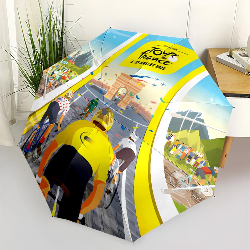 Tour de France Print Automatic Umbrella, 8 Rib Iron Frame, Plastic Handle, Suitable for Outdoor Travel &Daily , Ideal Gift