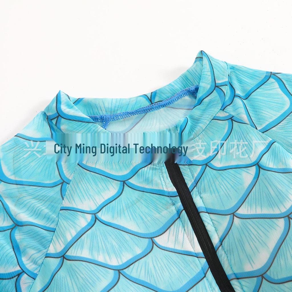 Fish Scale Zipper Mesh Long Sleeve One-Piece Swimsuit Set