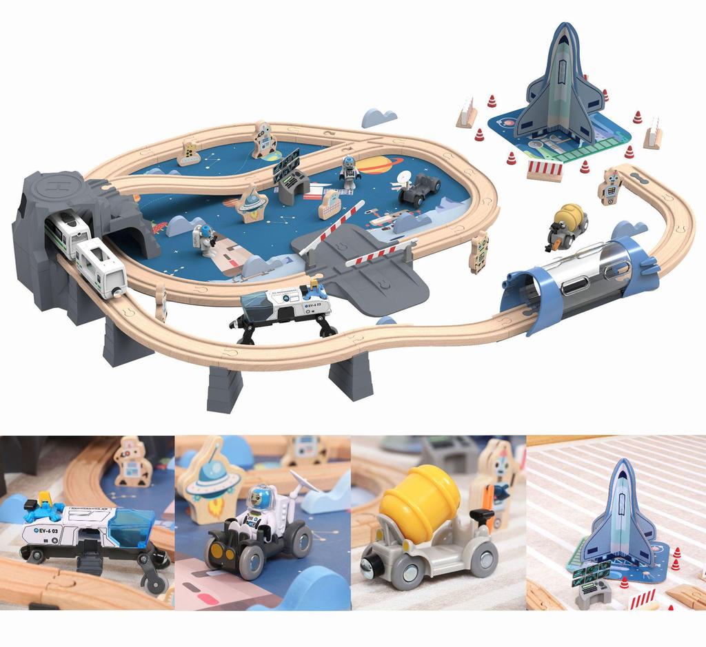 Wooden Electric Train Track & Car Building Blocks Set for Kids