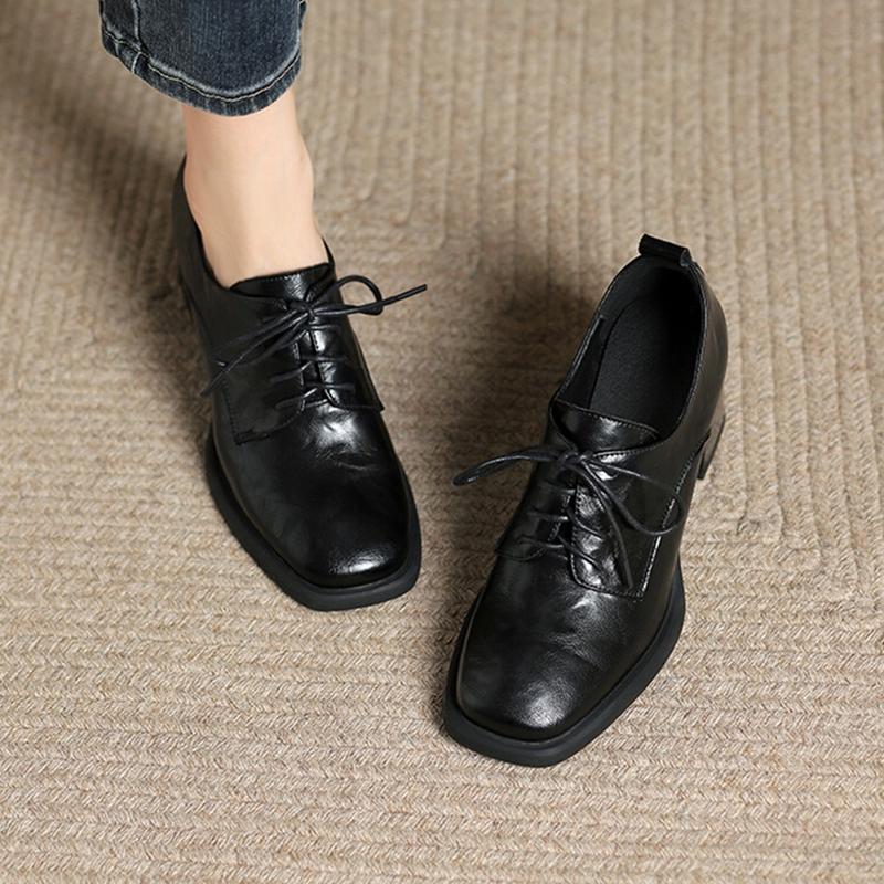 Fashion NEW Spring/Autumn Women Pumps Square Toe Chunky Heel Shoes Split Leather Shoes for Women Lace-up High Heel Handmade Female Shoes