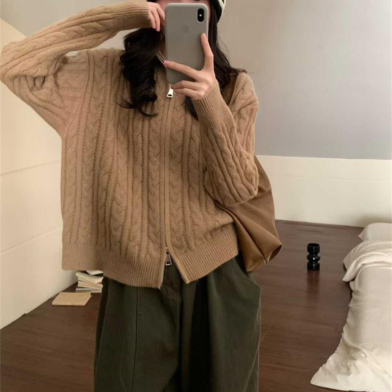 Retro twist knitted cardigan for women's autumn and winter new lazy wind double zipper stand-up neck sweater jacket for women