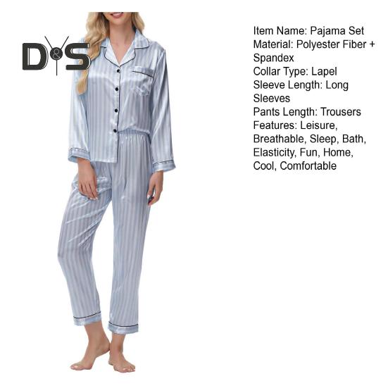 2Pcs Women Silk Satin Pajama Set Lapel Button Down Tops & Pants Set Stripe Loose Sleep Shirt & Elastic Waist Pants Loungewear Outfit
