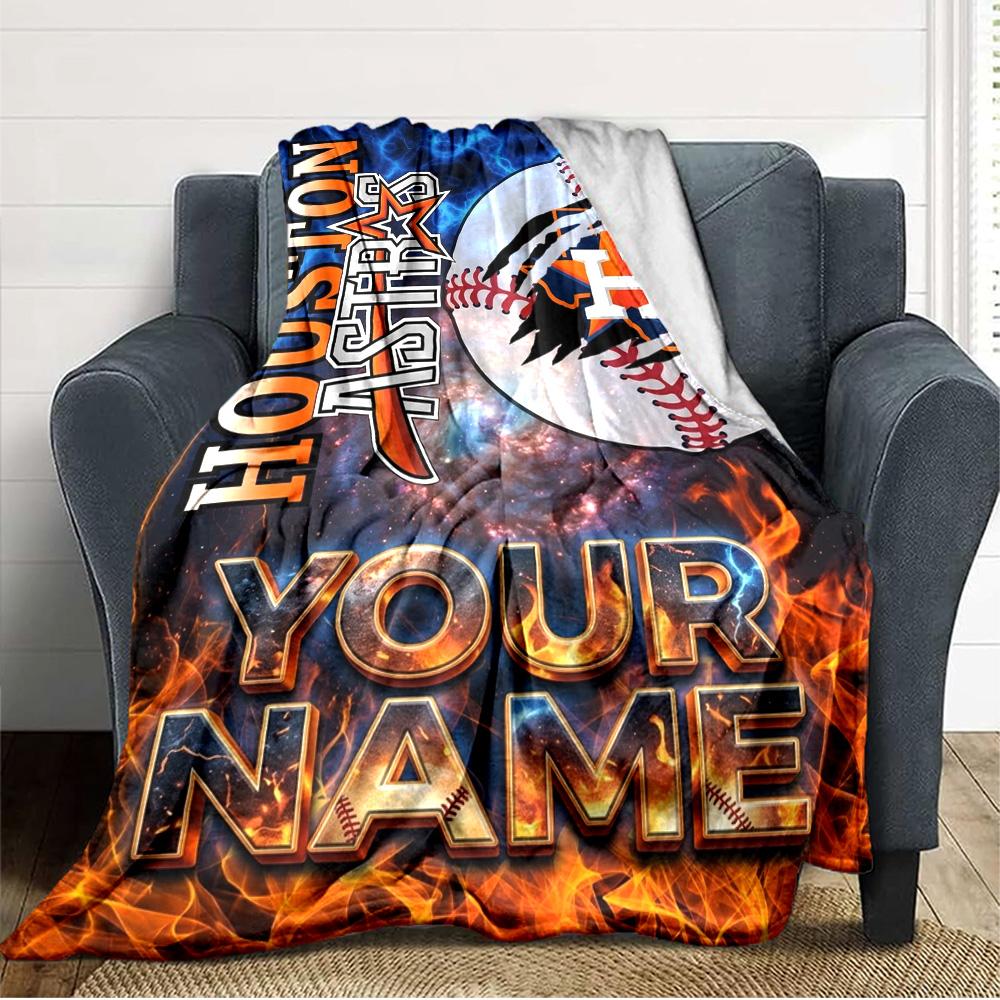 Name Custom Houston Astros Logo Print Flannel Blanket High Quality Warm Comfortable Cover for All Seasons Perfect for Gifts Home Decor