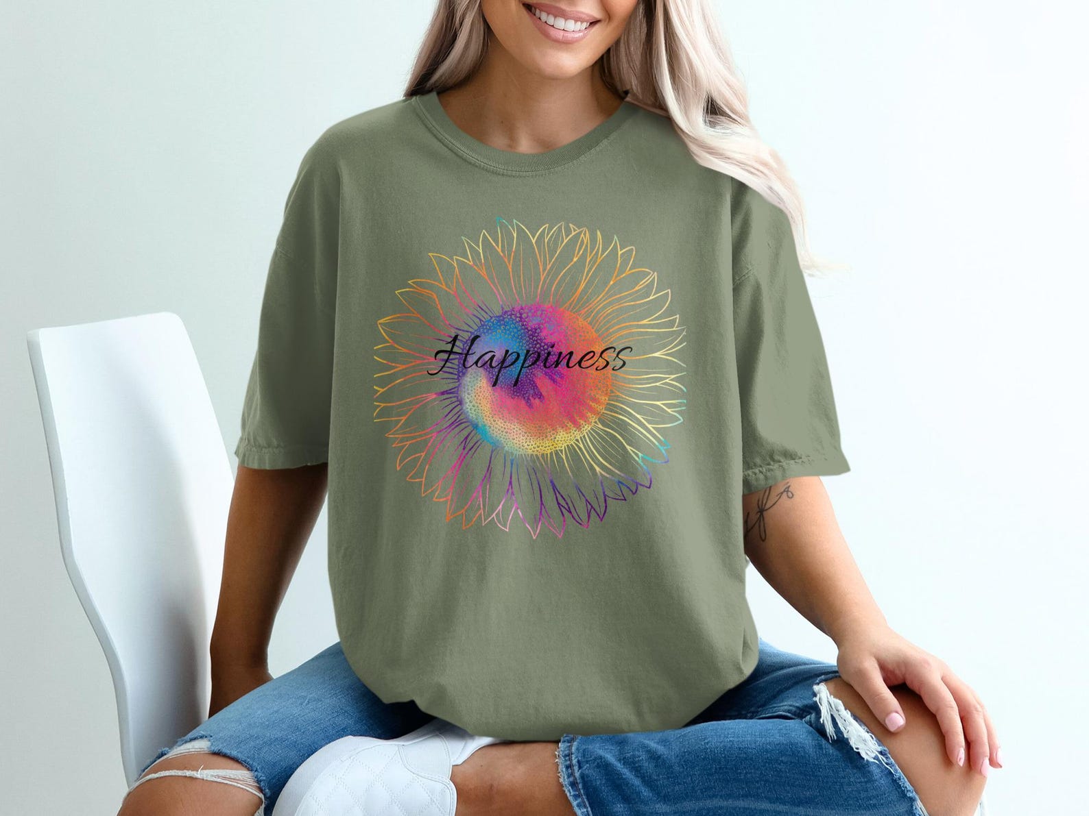Rainbow Sunflower Happiness T-Shirt, Boho Indie Floral Graphic Tee XL
