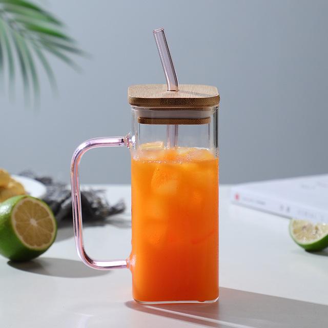 400 ml Fyrkantig Glasmugg Med Lock och Sugrör Frukost Mjölkkopp Mikrovågssäker Transparent Party Öl Kaffe Mugg Dryckesvaror Glas