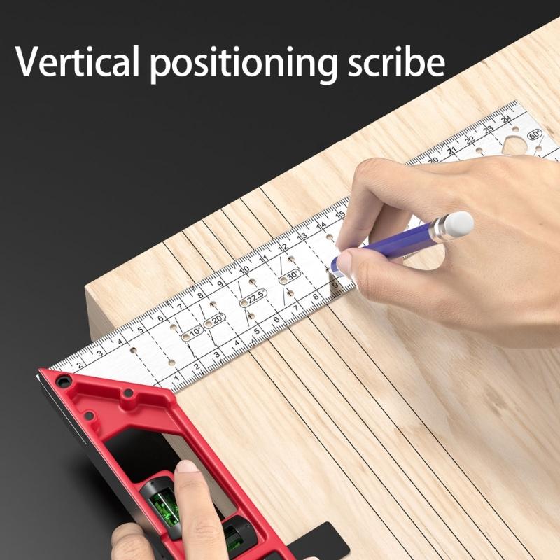 Multifunctional Steel Right Angles Hole Marking Ruler with Bubble Levels T Square Ruler For Woodworking Precise Measuring