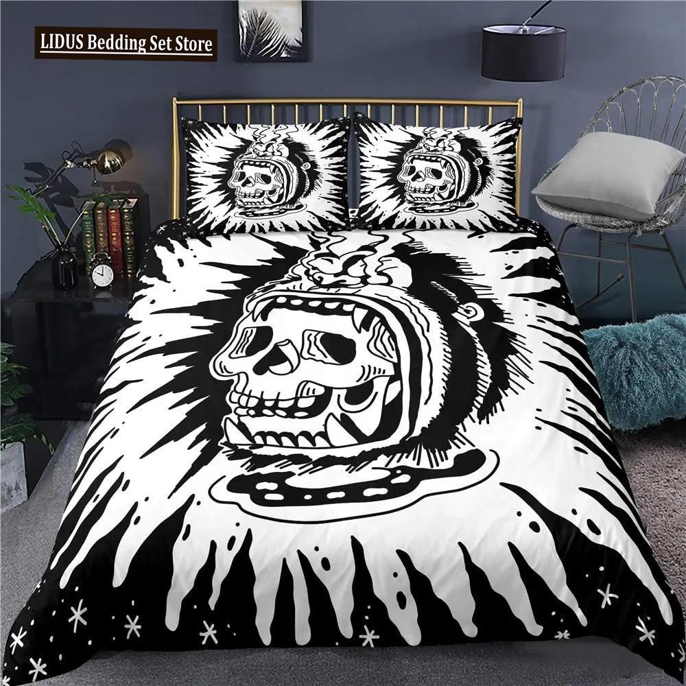 Skull Bedding Duvet Cover Set, White And Black Boho Gothic Skull Skeleton Bones Theme Bed Comforter Cover For Adults Decor