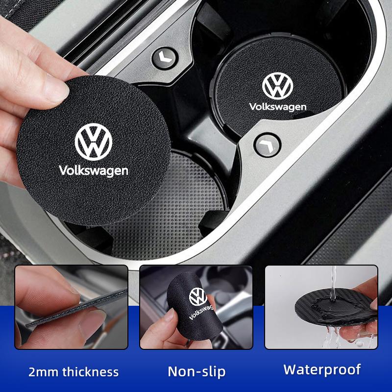 2Pcs Car Leather/Carbon Fiber Water Cup Coasters Anti-Slip Pads For VW Passat Golf Tiguan Polo Scirocco Jetta CC Touareg Touran QO9