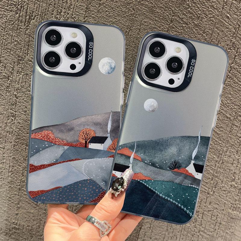 Mountain Landscape Cottage Minimalist Style Painting Phone Case For IPhone 16 15 Plus 16 15 14 13 12 11 Pro Max Mini Laser Cover