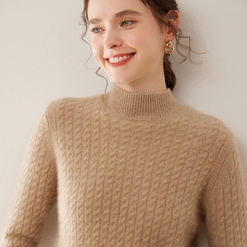 2024 Autumn/Winter Women's High Neck Cashmere Sweater - Thickened Korean-Style Cable Knit Pullover
