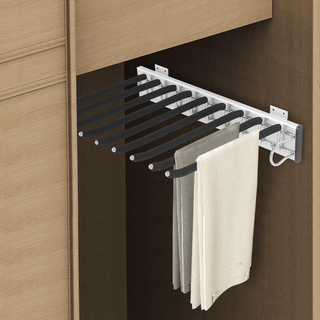 9-Rod Pull-Out Pants Rack – Heavy Duty Slide-Out Trouser Organizer with Silent Rails & Anti-Slip Flocking – Black/Silver