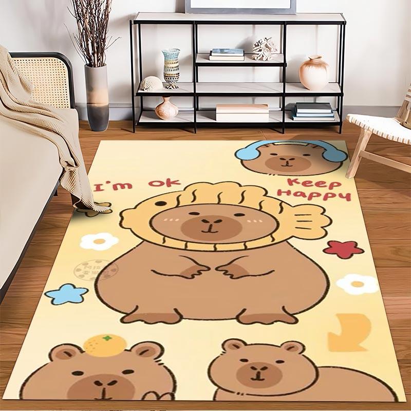 Cute Bear Pattern Carpet with Inspirational Text "Keep Happy", Beige Background Suitable for Use As an Anti-slip for Living Room Bedroom Sofas