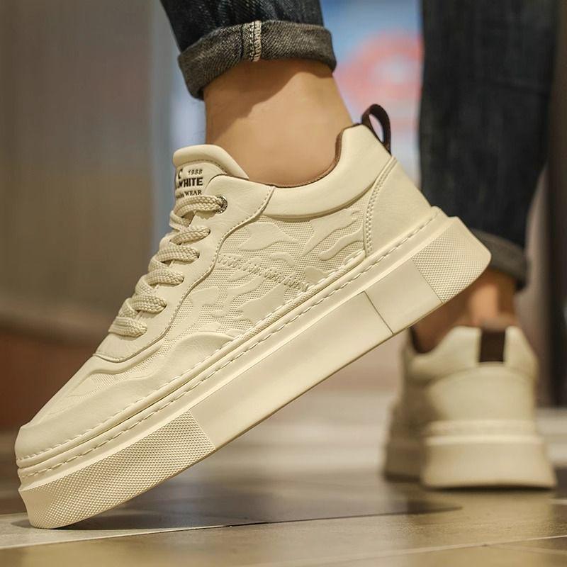 Beige Embossed Men's Breathable Thick-Soled Casual Trendy Board Shoes