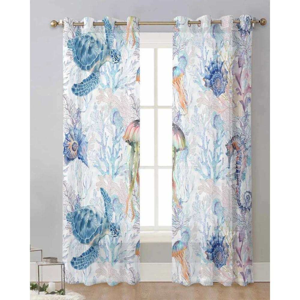 Marine Organisms Sea Turtle Jellyfish Seahorse Conch Coral Sheer Curtains Room Window Curtains Kitchen Tulle Voile Curtains
