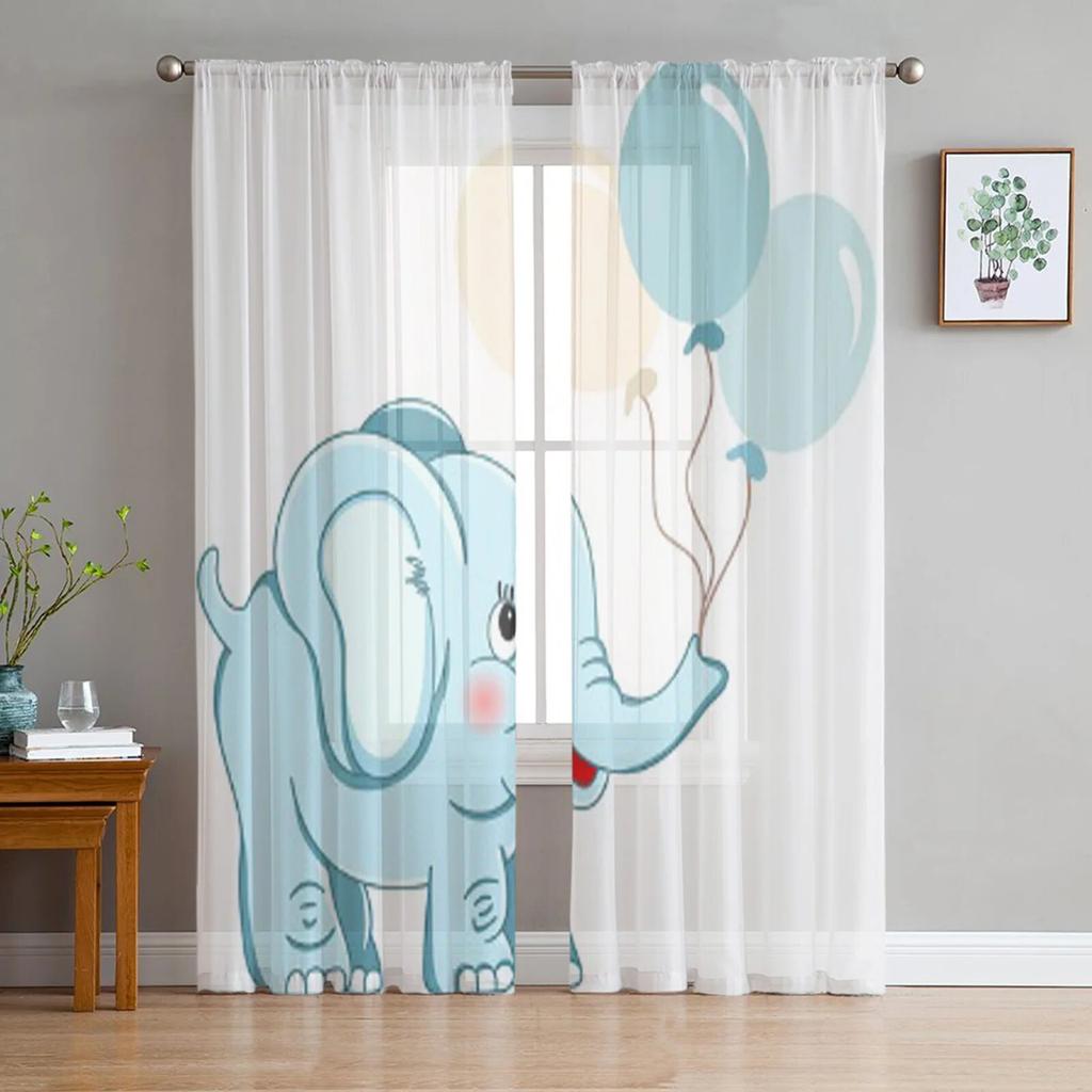 Cute Elephant Holding Balloons Sheer Curtains For Living Room Kids Bedroom Tulle Curtains Kitchen Window Treatment Drapes