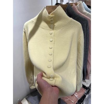 Single-breasted Semi-turtleneck Knitted Sweater for Women's Autumn and Winter New Soft Waxy Long-sleeved Age-reducing Inner Top