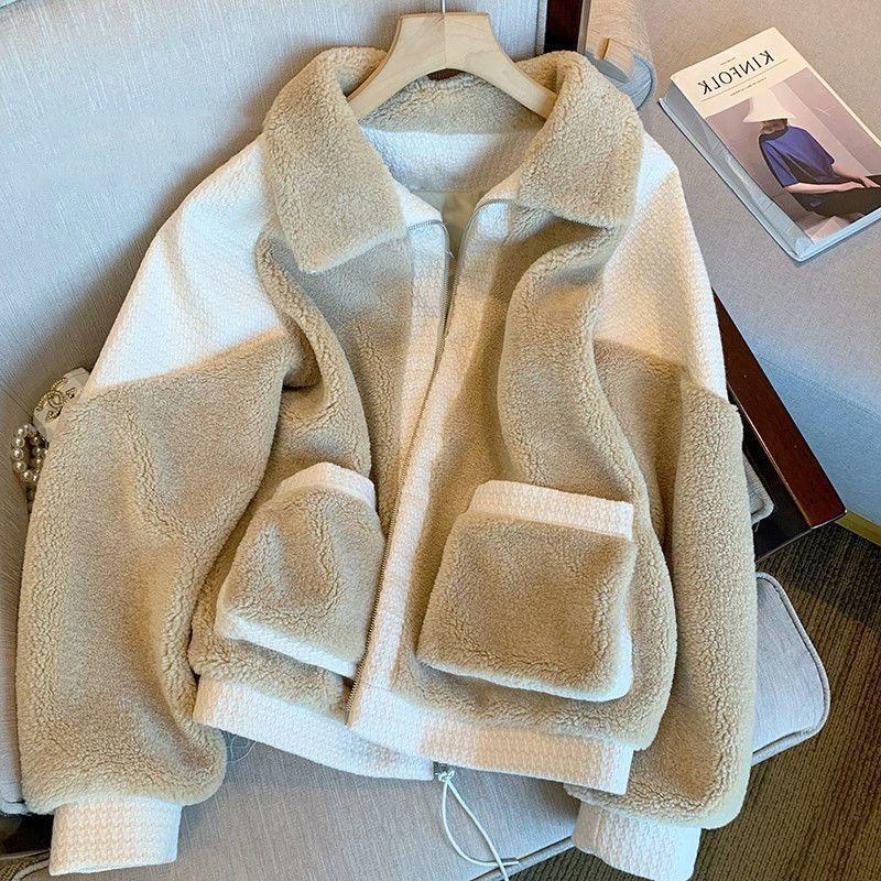 

Дизайнерское нишевое пальто из искусственного меха с лацканами из овчины, женское, весна-осень-зима, свободный топ, короткое 2XL хаки