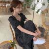 Women Dress Korean Fashion New Clothes Vintage Square Collar Lace Up Slim Fit Print Lantern Sleeve Dresses