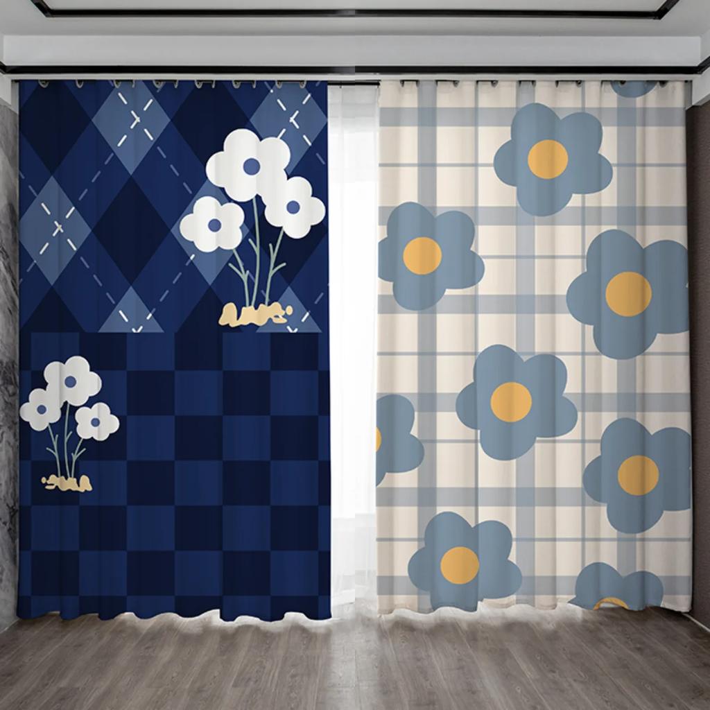 Black Blue Green Flower Chequered High Blackout Curtain Bedroom Space Living Room Hotel Window Curtain Thick Blackout Curtain Multicolor