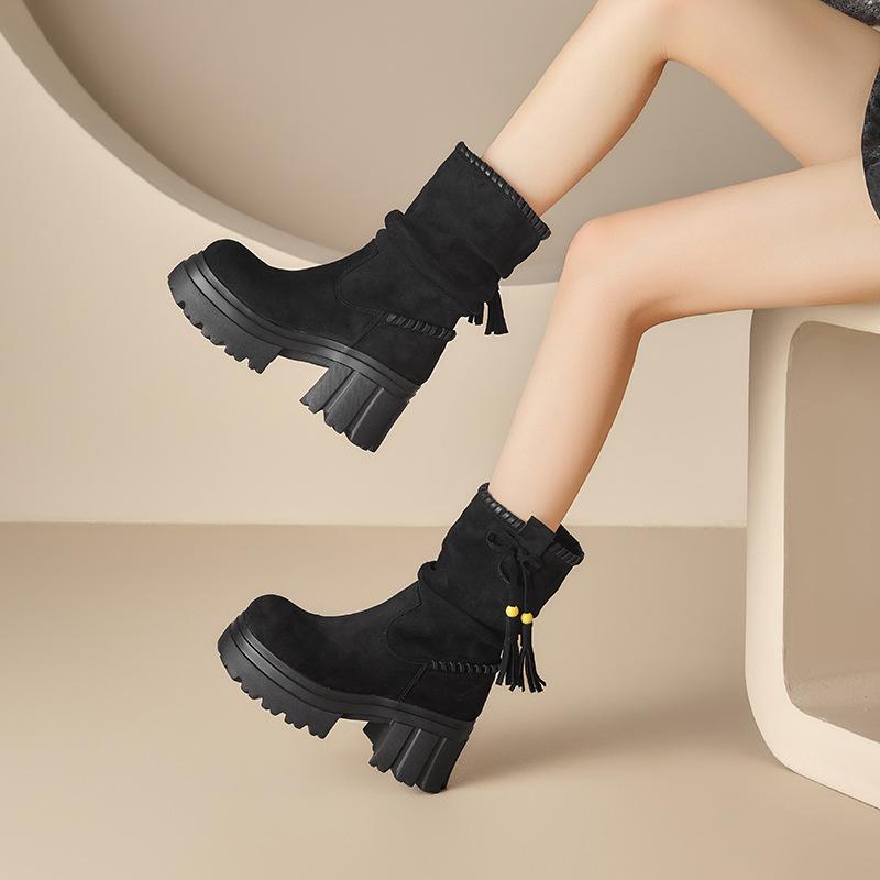

Women Shoes Designer Velvet High Heels Luxury Woman Ankle Boots Winter Round Toe Shoes for Women Punk Knee-High Boot Botas Mujer 39 чорний