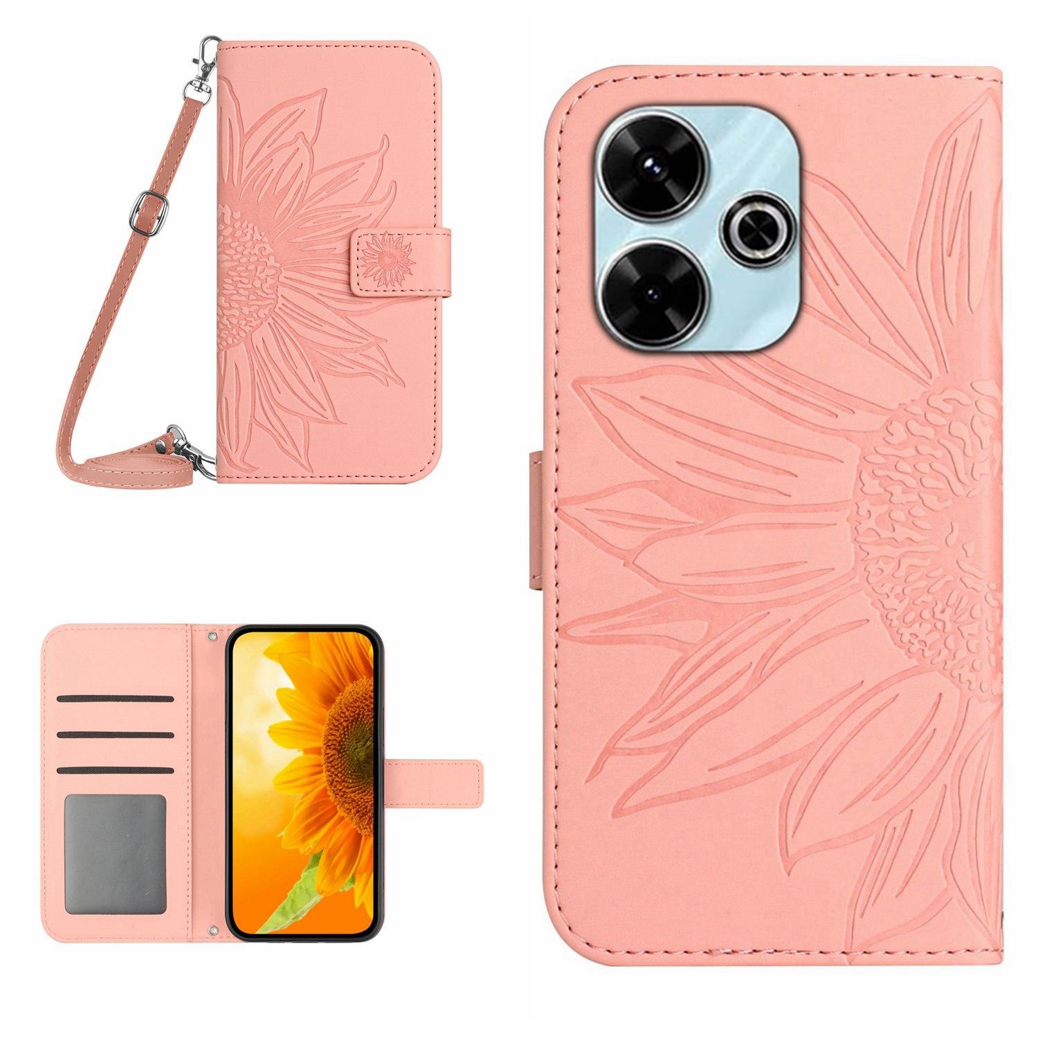 

HT04 For Xiaomi Redmi 13 5G/13 4G Case Sunflower Leather Phone Cover with Shoulder Strap Light Pink