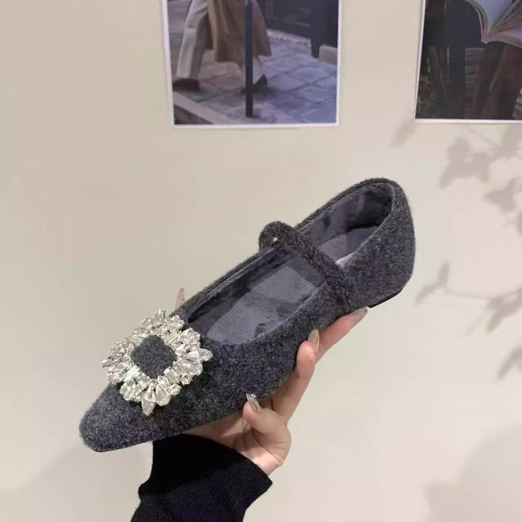 Flat bottom velvet square buckle rhinestone single shoes 2025 autumn and winter new casual versatile temperament Mary Jane Mao shoes women