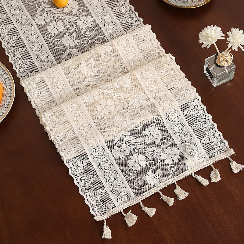 Elegant Nordic White Lace Table Runner with Crochet Tassels - Perfect for Dining or Coffee Tables, Ideal for Christmas Decor.