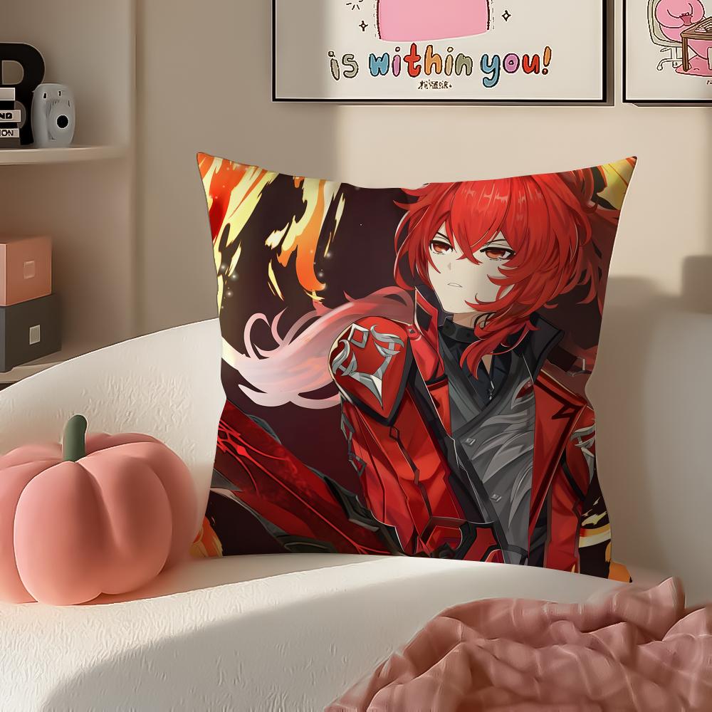 Game Genshin Diluc Cushion Cover Pillowcase Short Plush Invisible zipper Room Sofa Cushion Cover