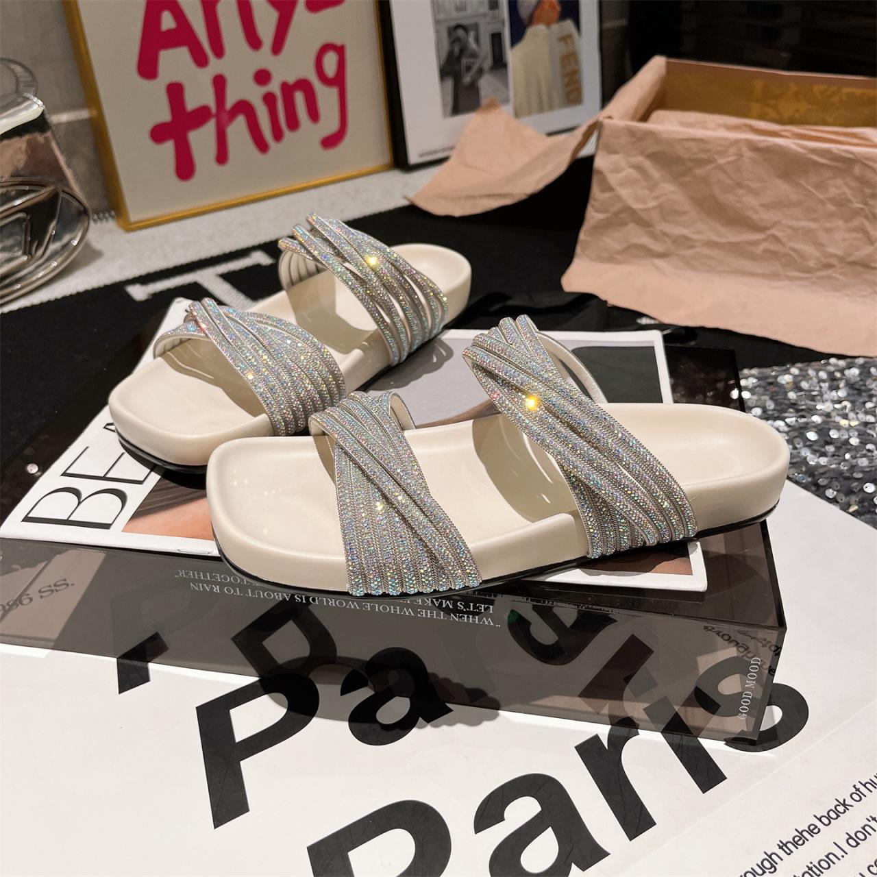 

2025 summer new rhinestone cross with platform one-word slippers women wear beach vacation open-toed sandals slippers 40