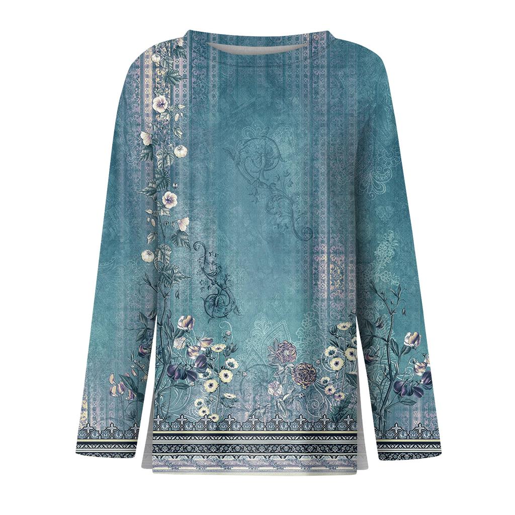 Women's Fashion Casual Slit Hem Round Neck Long Sleeve Loose  Printed T-Shirt Ladies Top