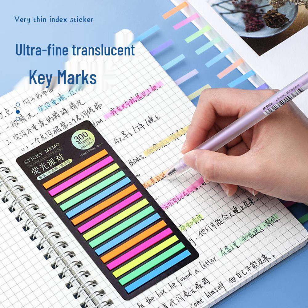 Fluorescent PET Waterproof Sticky Notes, Extra-Thin Long Tabs, 300 Pieces, Convenient Key Point Markers.