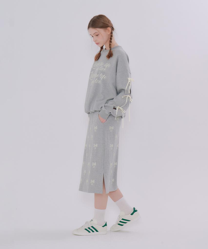 Metapeo Ribbon Print Elastic Waist Long Skirt Gray