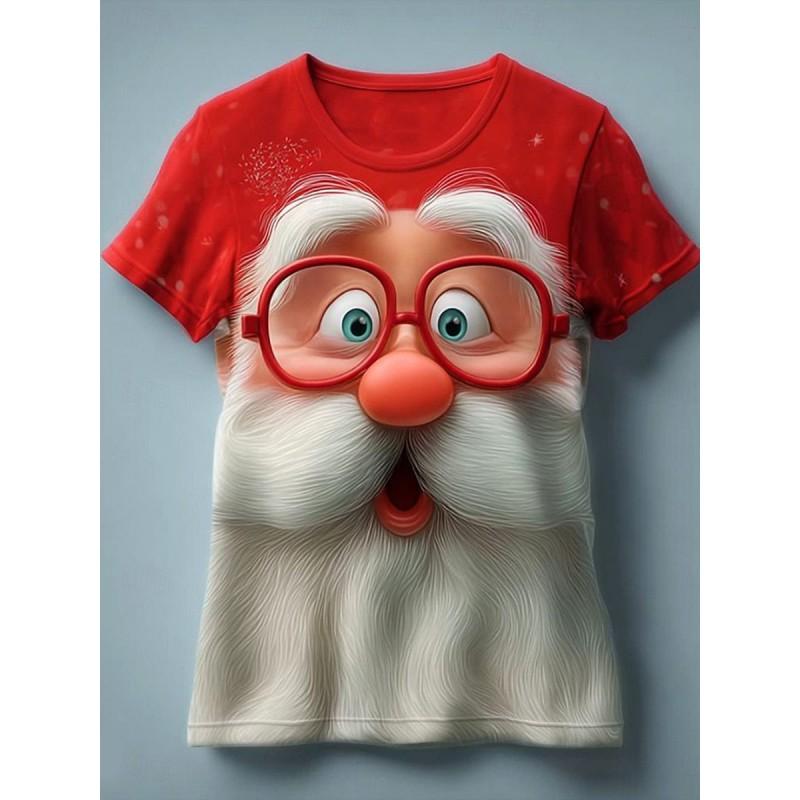 Womens Slim Fit Round Neck Short Sleeve T-Shirt With 3D Santa Claus Print Soft Cotton-Feel Fabric Casual Office Wear