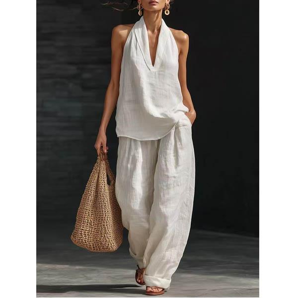 Women's Solid-Colored Casual Sleeveless Cotton-Line Tank Top and Wide-Leg Pants