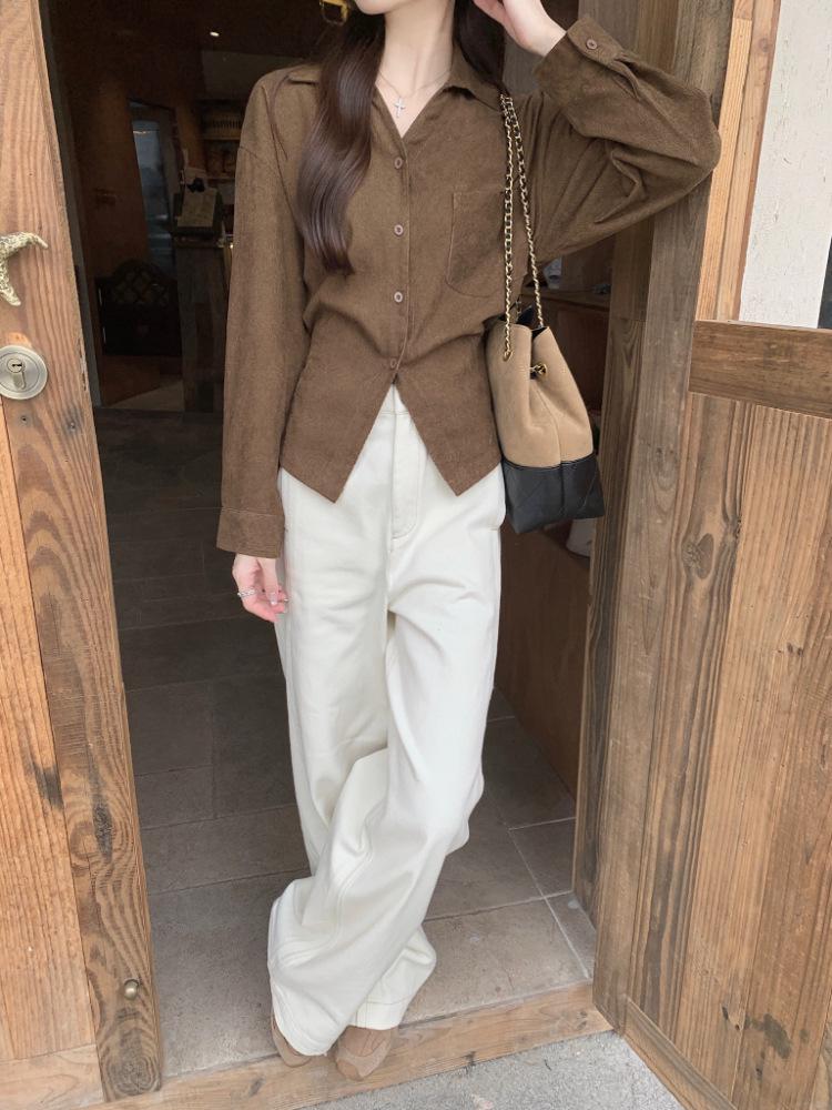 Autumn/Winter Korean Corduroy Tie-Up Lapel Shirt for Women - Elegant, Slimming, Chic, and Versatile Top