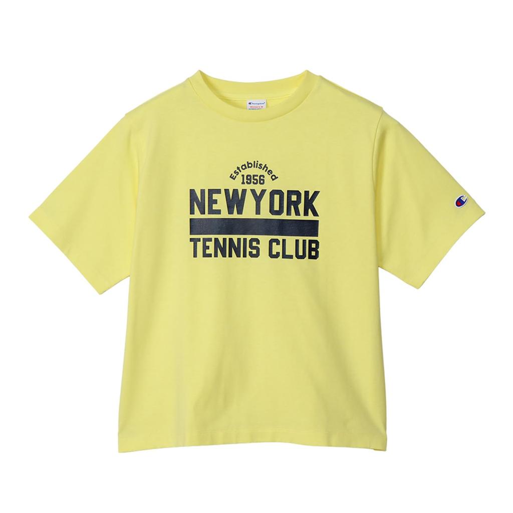 Short Round Graphic Short Sleeve Light Yellow [Champion] T-Shirt, Sleeve, Neck, 100% Cotton, Print, T-Shirt, Women's Casual, CW-Z319