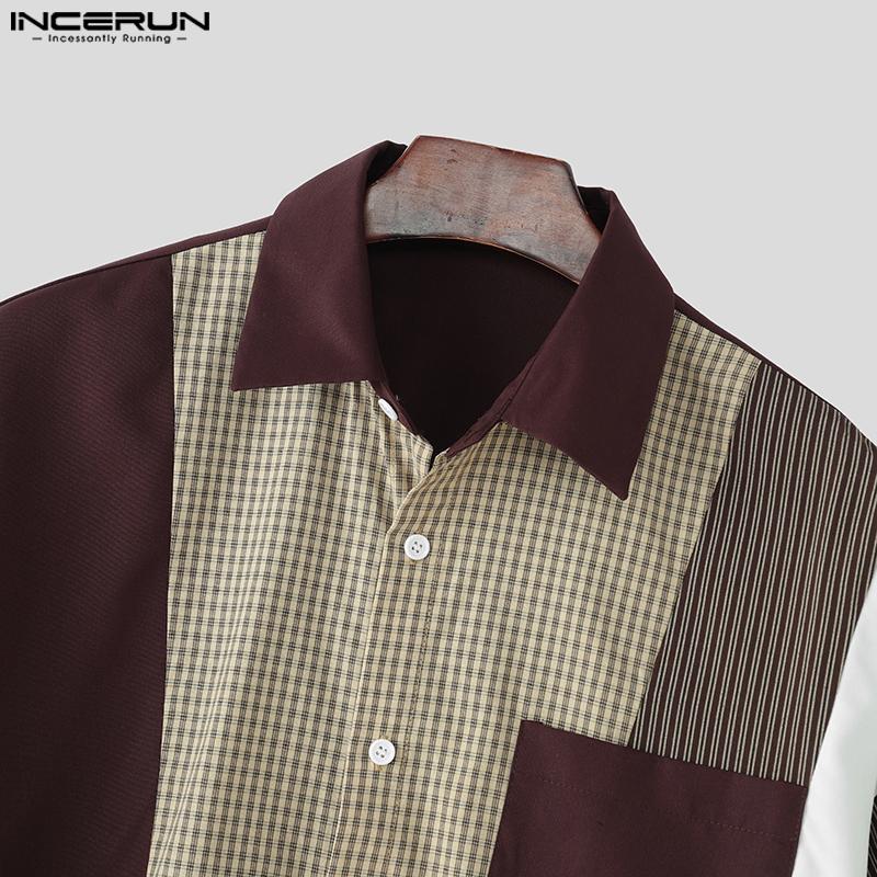 INCERUN Oversized Men Lapel Neck Short Sleeve Buttons Patchwork Casual Loose Shirts