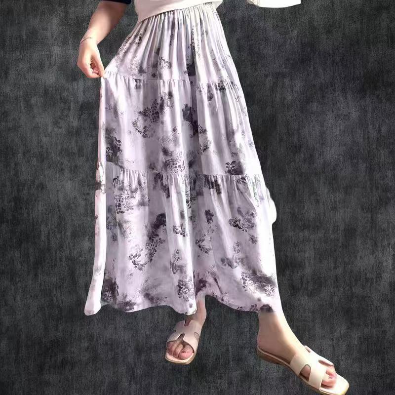 Women's Floral Print Cotton-Silk Elastic Waist Skirt - Southeast Asian Style for Spring and Summer