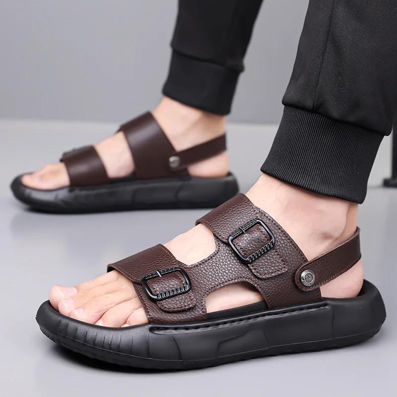 Zomer Mannen Schoenen Echt Leer Sandalen Comfortabele Casual Platform Schoenen Coole Slip-on Strandschoenen
