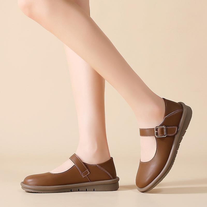 Fashion Womens Shoes Loose Round Top Layer Cowhide Breathable Anti Slip Shallow Cut Original Single Shoes Fashion Flats Designer Casual