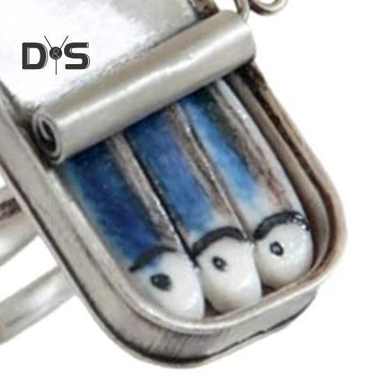 Canned Sardines Ring Adjustable Circumference Sardine Can Necklace Pendant Vintage Jewelry Hand-Painted Tin Ring