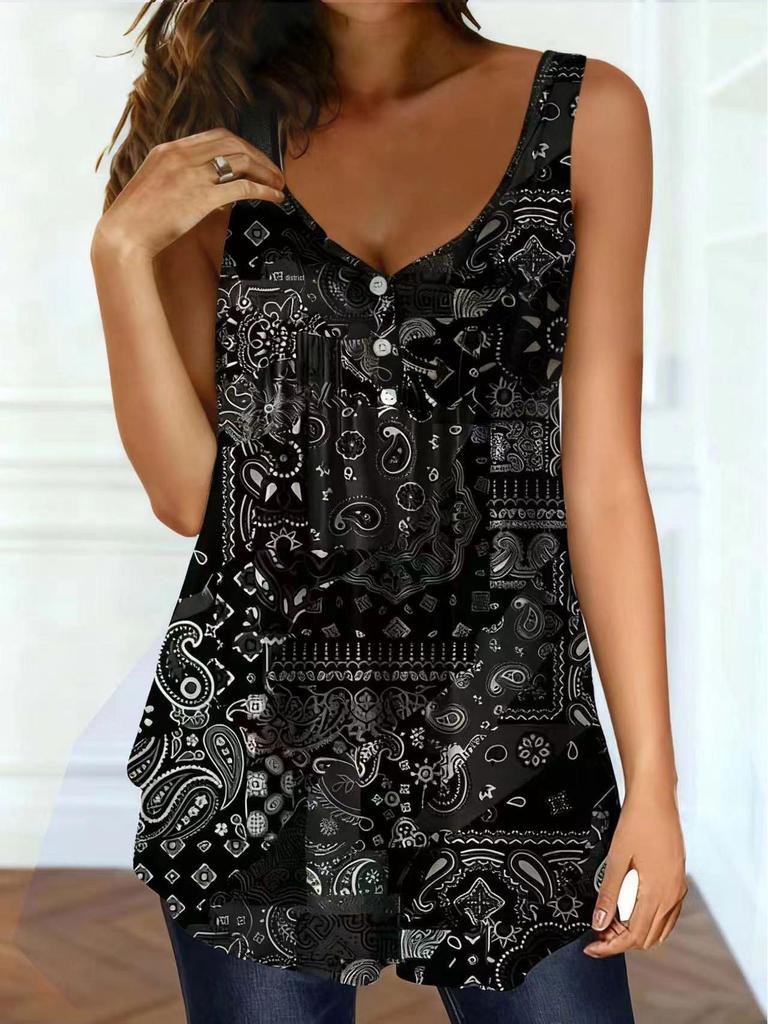 Plus Size Spring/Summer Paisley V-Neck Button-Down Loose Top for Women