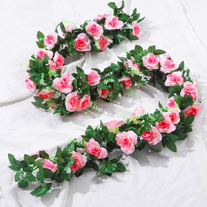 2pcs 10Heads Artificial Rose Silk Vine Flowers Wall Plants Fake Rose Flowers Rattan Garland Wedding Party Home Garden Decoration