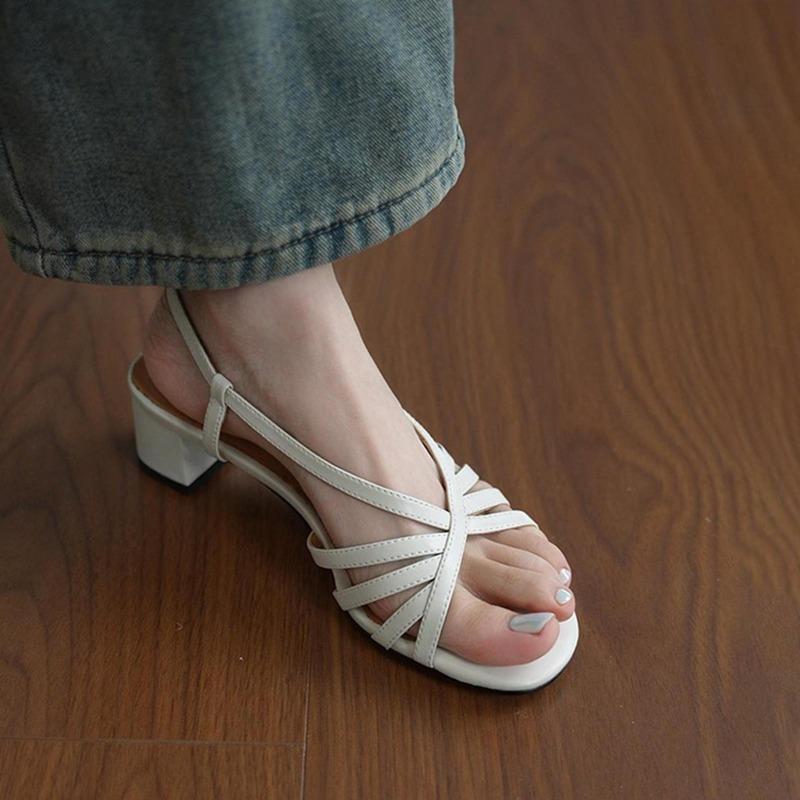 Sheepskin Version~ Summer Temperament Outer Wear Medium Heel Strap Sandals Women's Head Open Toes with Skirt Casual High Heels