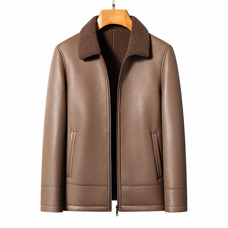 Men's Coat Leather Jacket Fur Integrated Warm Short Casual Leather Lapel Winter Thickening Leisure Jacket