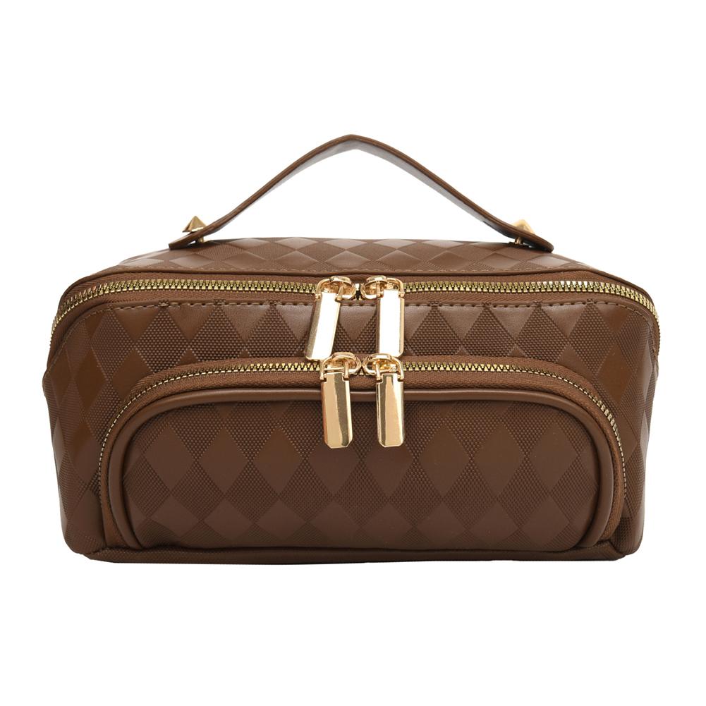 

Women Simple Toiletry Purse Diamond Lattice Makeup Storage Handbag Large Capacity Large Opening Makeup Bag Female Travel Bag коричневий
