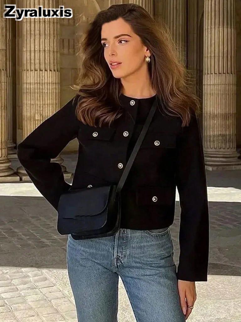Women's New Fall Winter High-End Crew Neck Small Cardigan Style Short Jacket Fashion Versatile Oversized Check Blazer