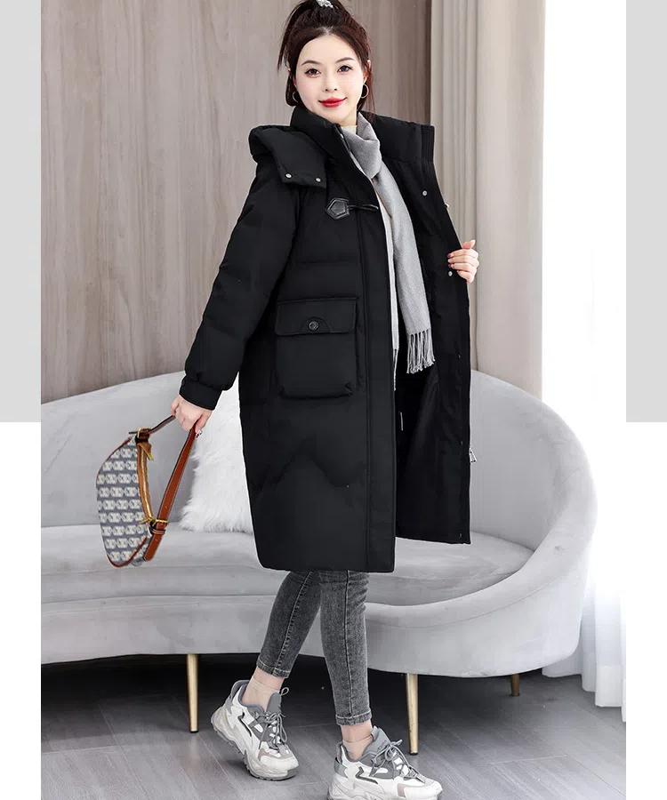 Autumn and Winter Women's Coat Horn Button Hooded Mid-length Loose Coat Thickened Warm Women's Jacket