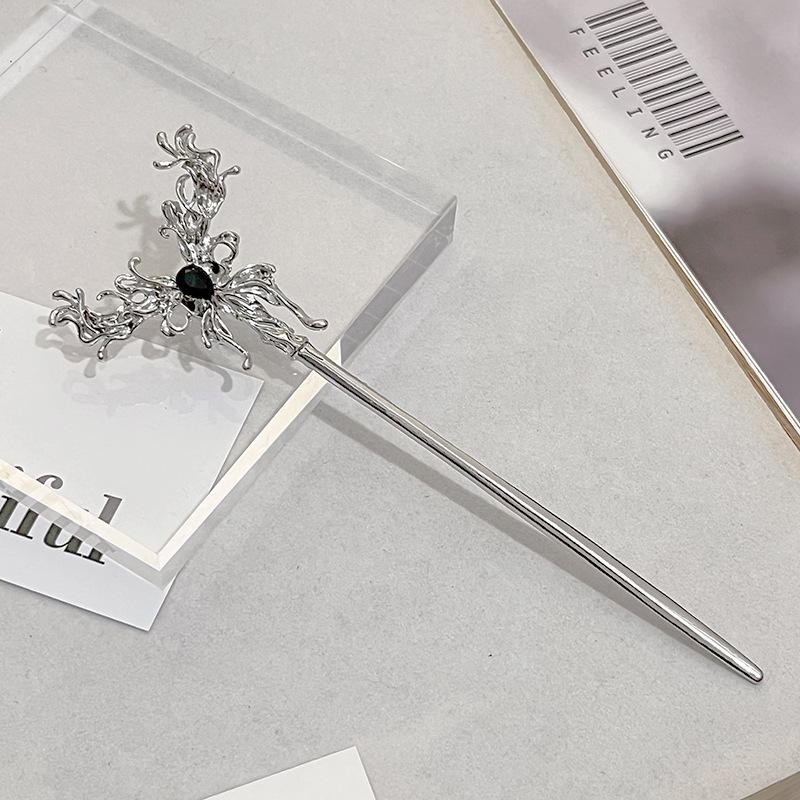 National Tide New Chinese Hairpin Liquid Metal Butterfly Hairpin Crescent Set Diamonds Vintage Bamboo Joints Tassel Hairpin Coiffure Hairpin