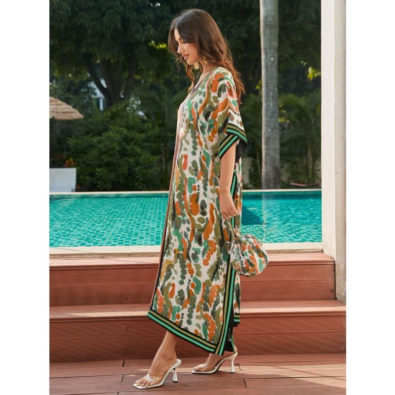 Damenmode Sommer Frühling Leopardenmuster 1/2 Ärmel V-Ausschnitt Lose Taille Freizeitkleider